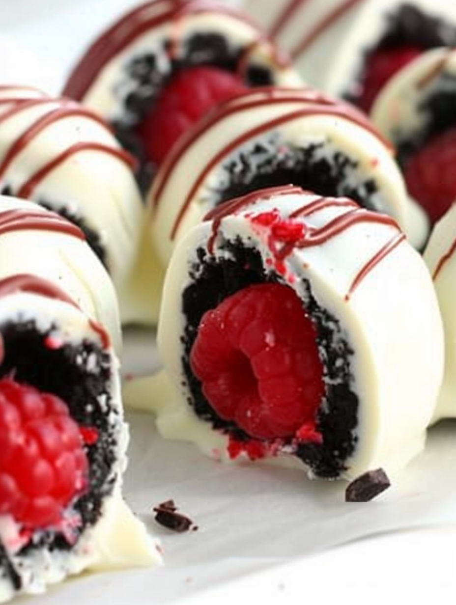 White Chocolate Raspberry Oreo Balls on waxed paper