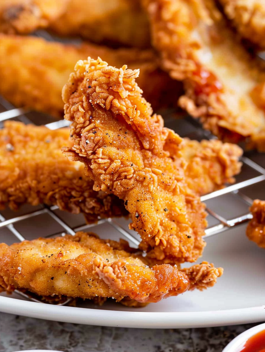 Golden crispy chicken tenders on a rack