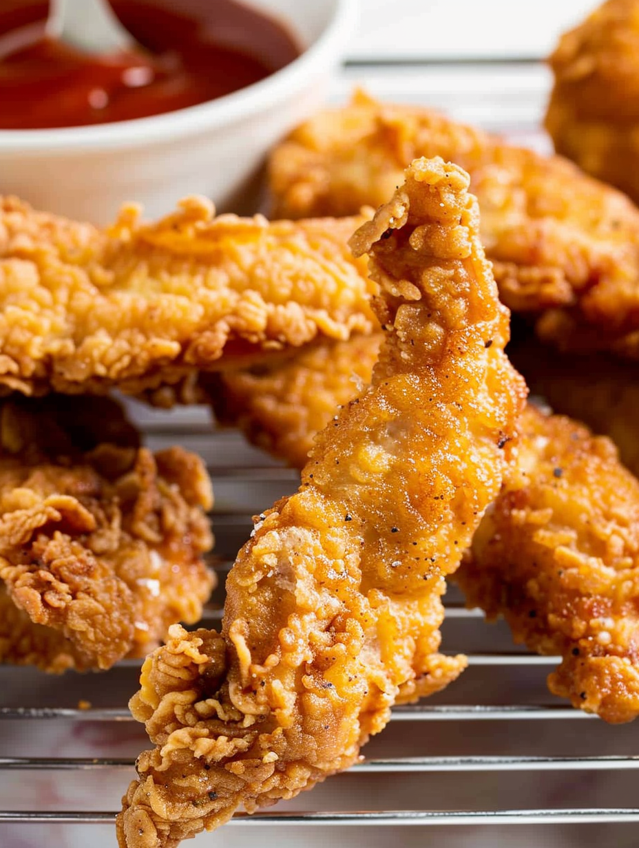 Raw breaded chicken tenders on a tray