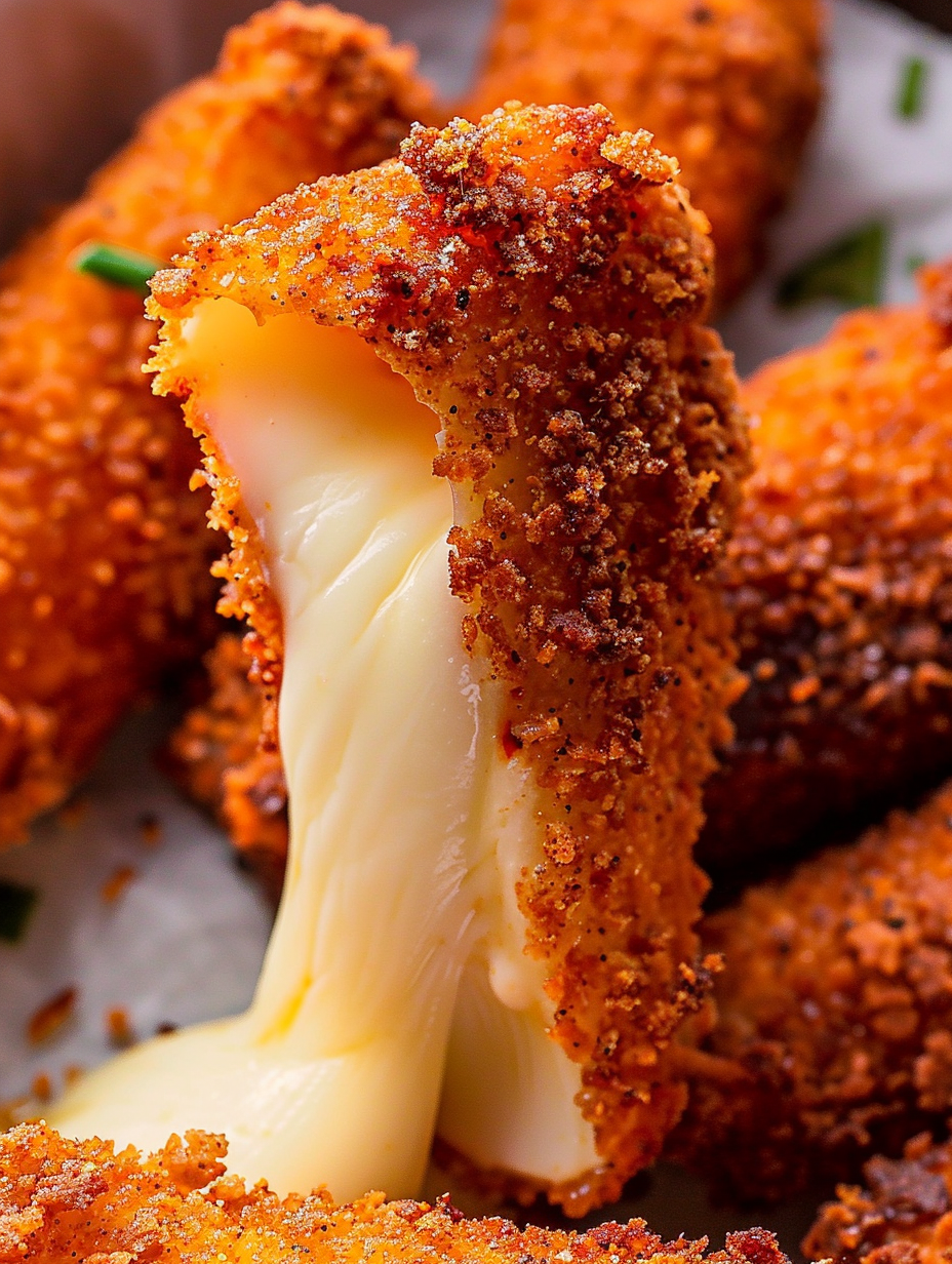 Fried mozzarella sticks lacquered with Nashville hot oil