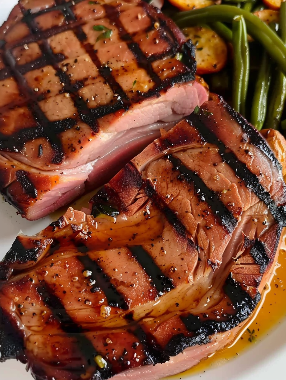Grilled ham steak with brown sugar glaze finishing on the grill