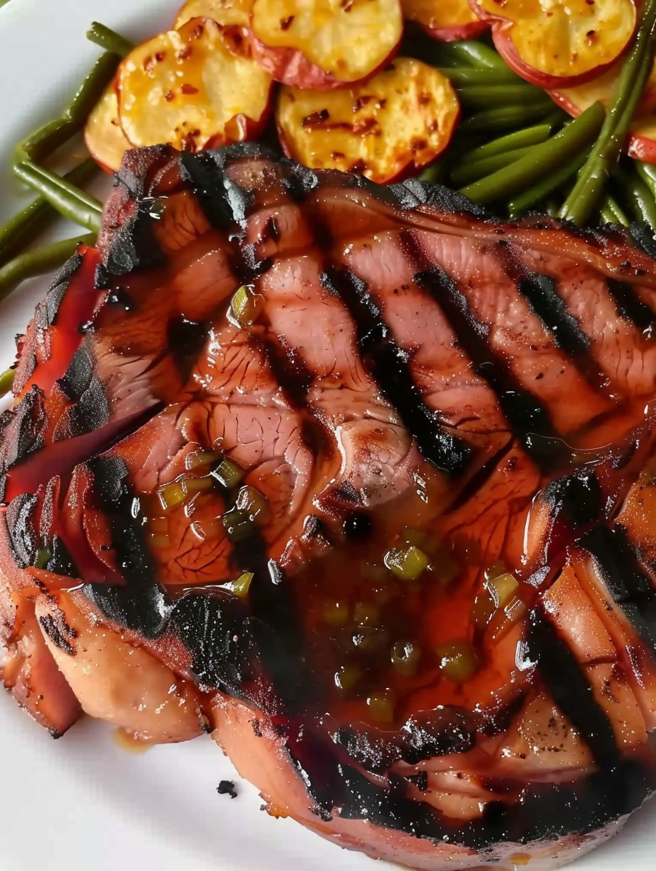 Sliced ham steak plated with glaze and garnish