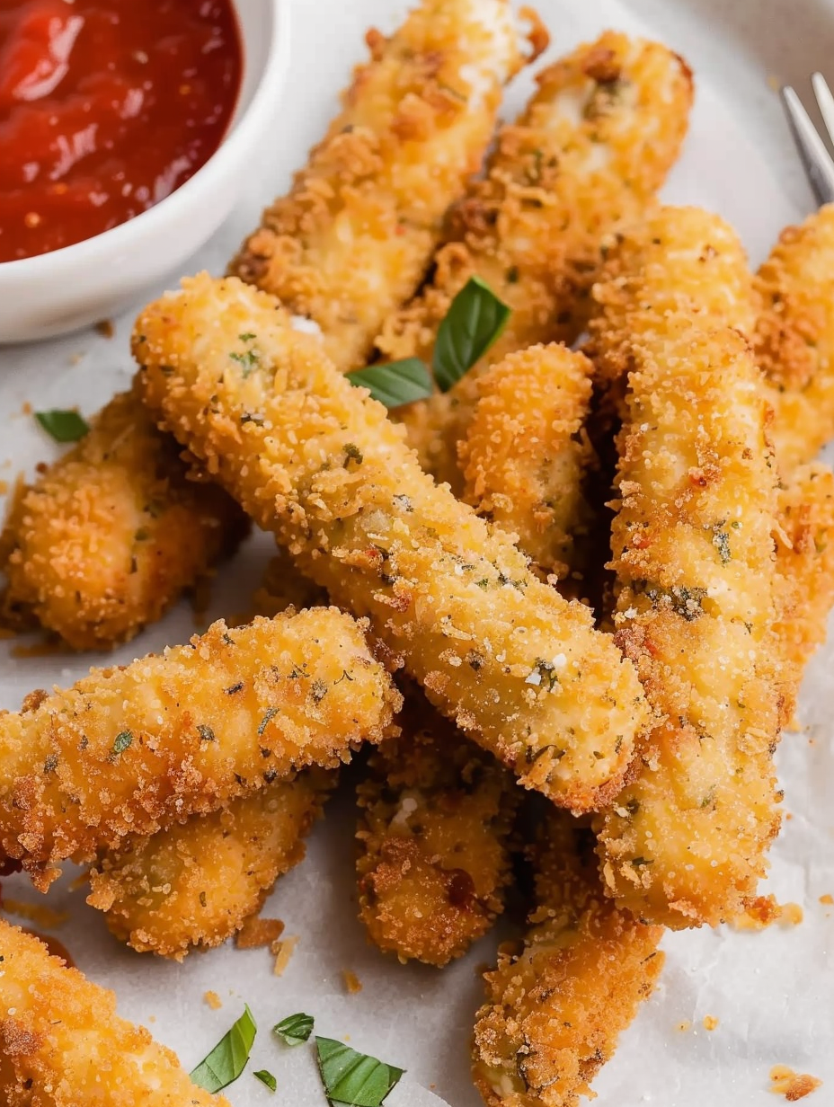 Golden vegan mozzarella sticks cooling on a rack