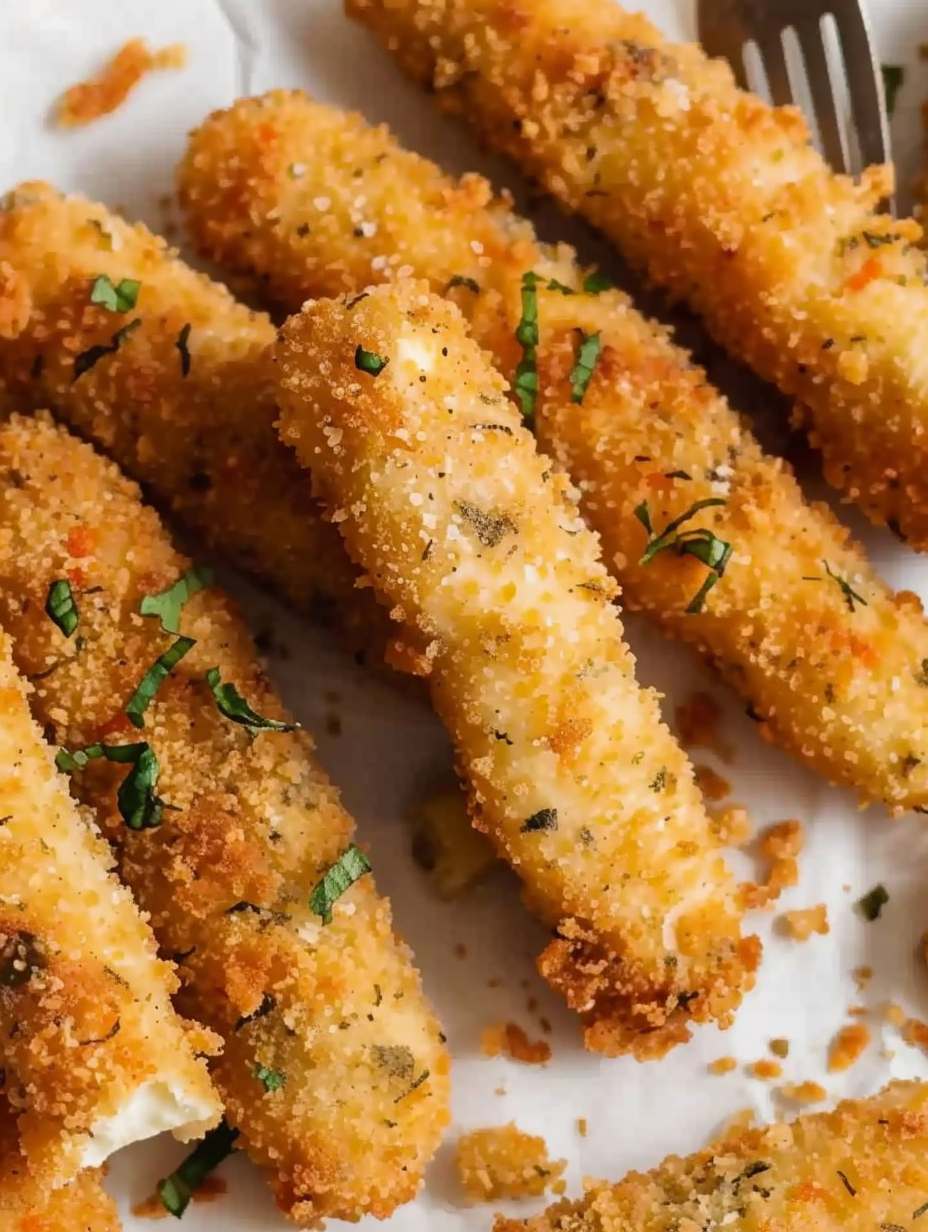 Breaded vegan mozzarella sticks ready to fry