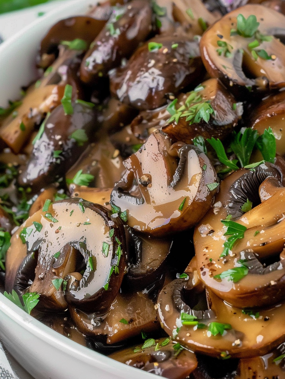 Plated sautéed mushrooms with parsley garnish