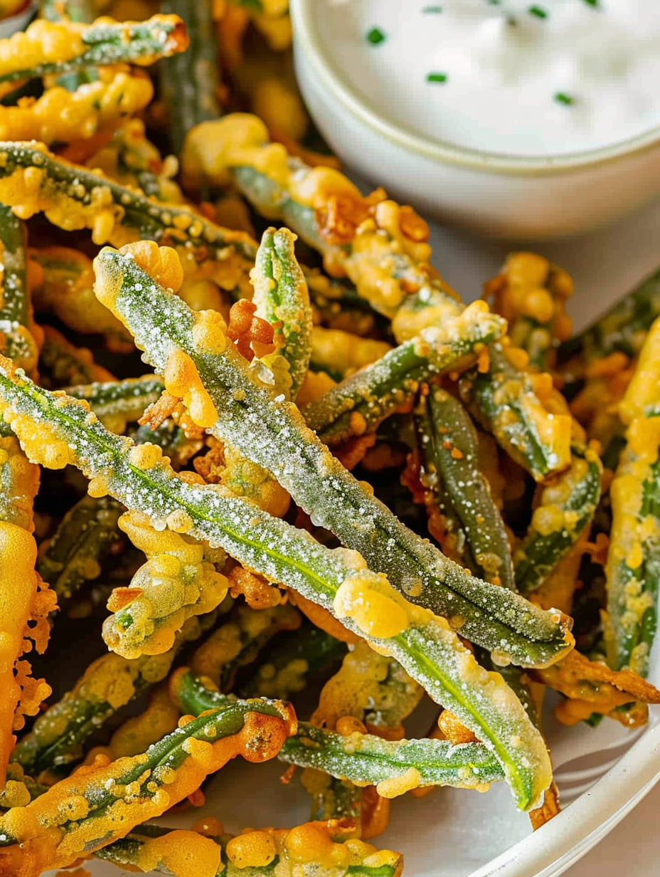 Fried green beans on wire rack