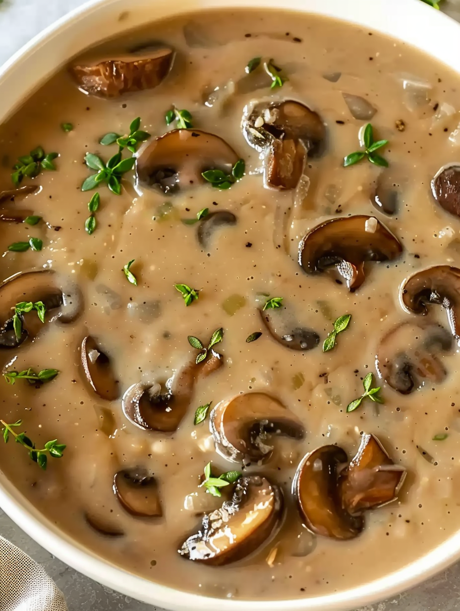 Creamy mushroom soup in a bowl with thyme