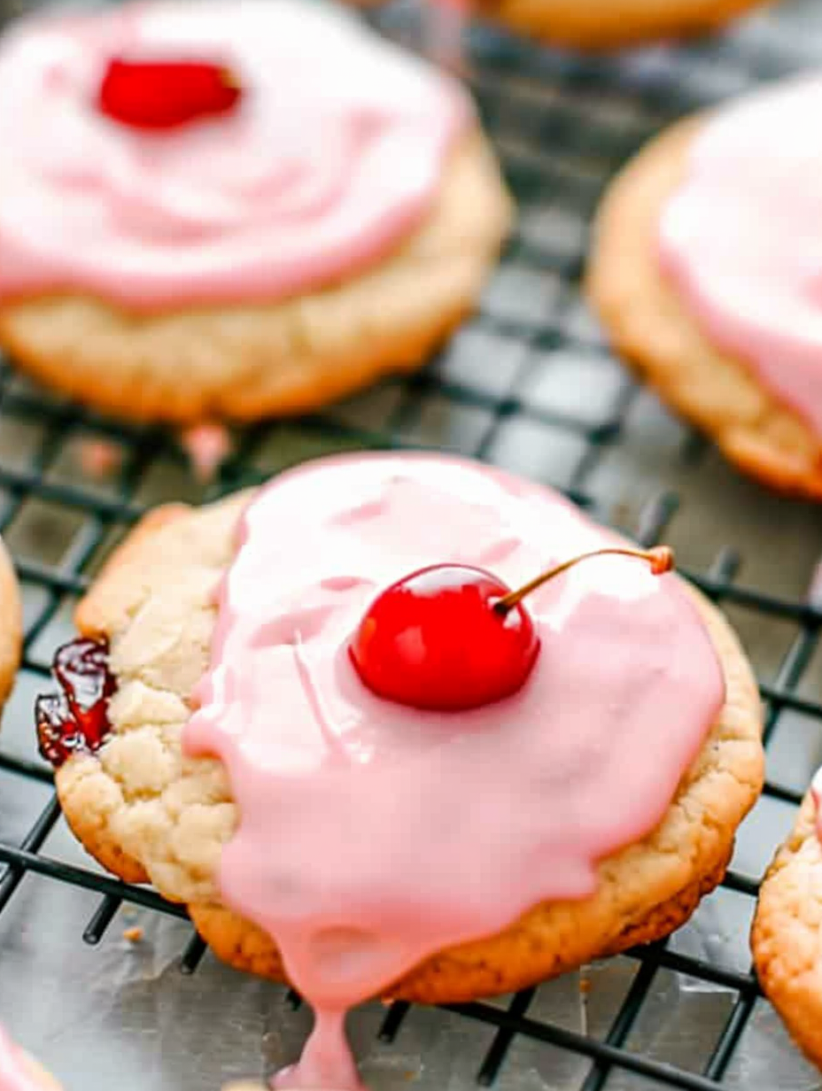 Freshly baked Cherry Chip Cookies on rack