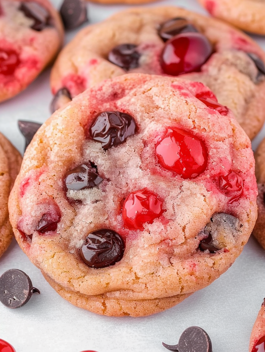 Baked cherry chocolate chip cookies on a cooling rack