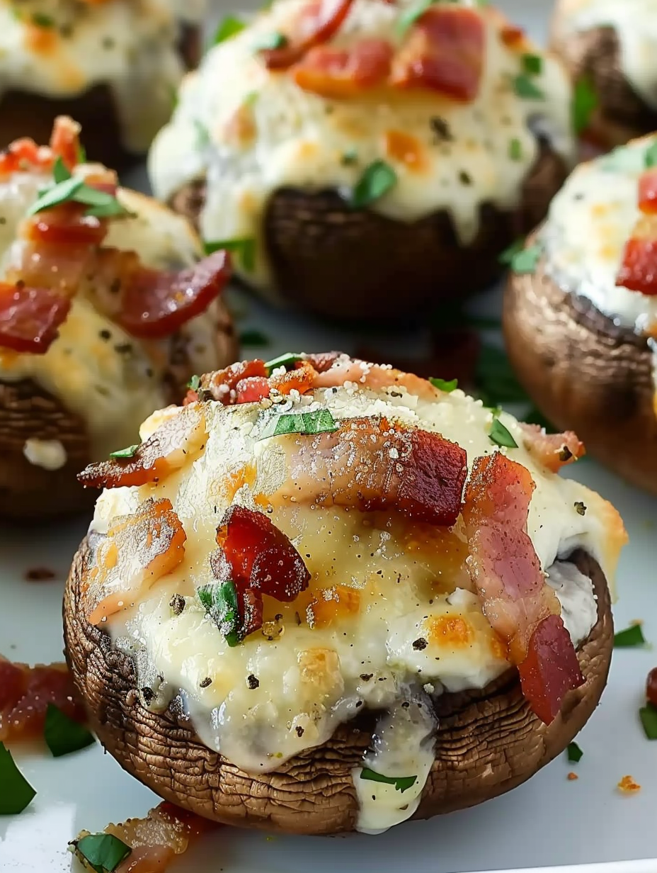 Bacon stuffed mushrooms on a baking dish