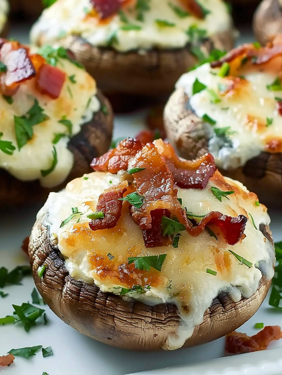 Close-up of a stuffed mushroom topped with parmesan