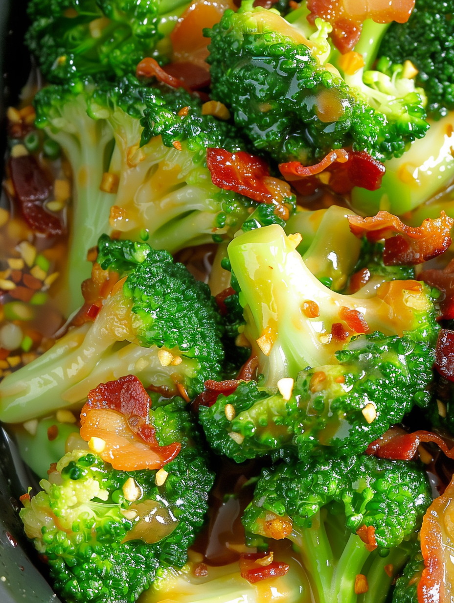 Broccoli with garlic sauce and bacon in a skillet