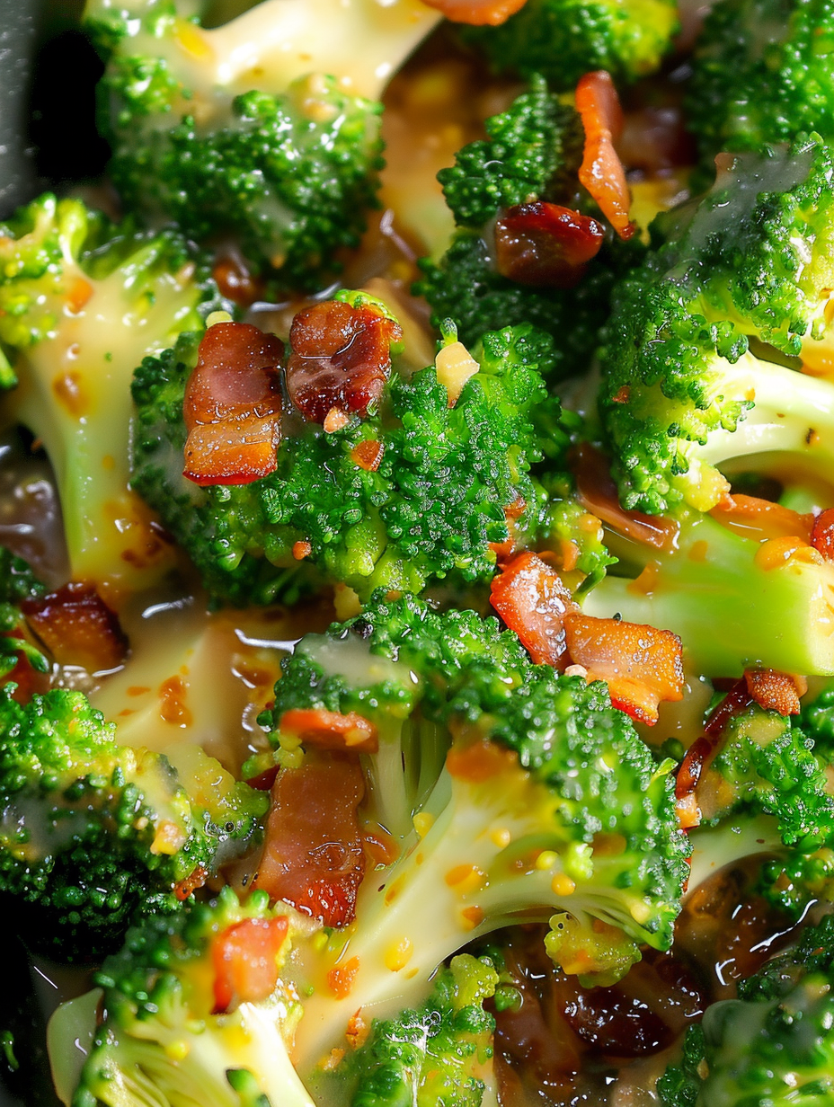 Close-up of broccoli florets with garlic and bacon