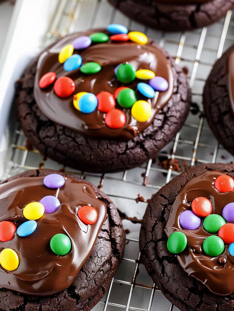Cosmic Brownie Cookies on a cooling rack with ganache