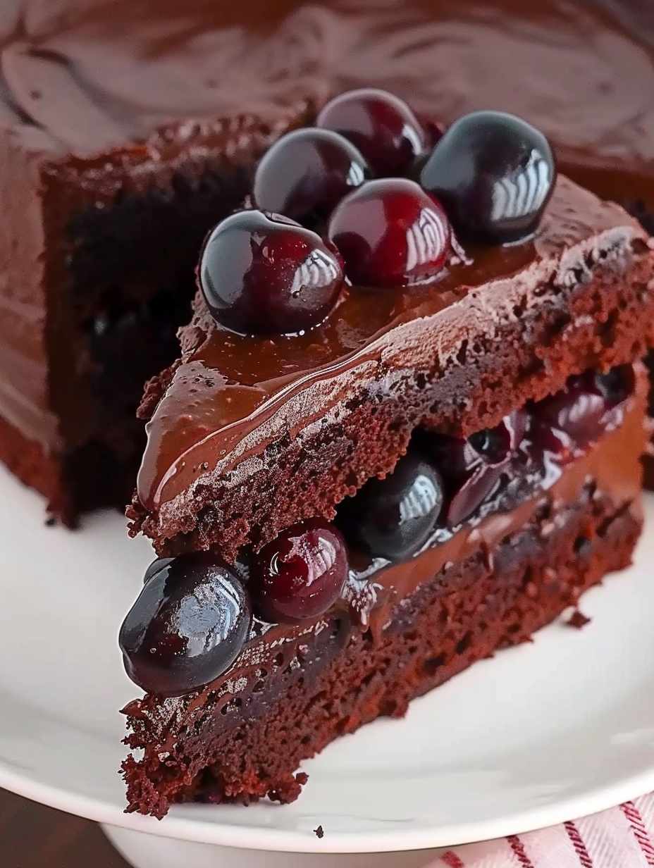 Slice of cherry jam devil cake on plate