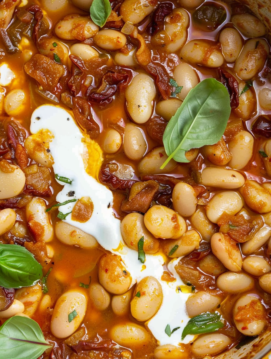 Skillet of Marry Me Butter Beans with fresh basil