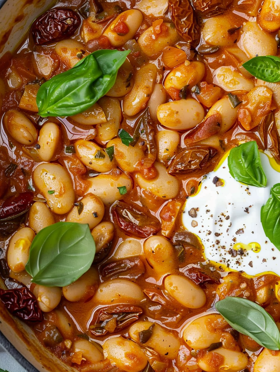 Close-up of beans and tomatoes in skillet