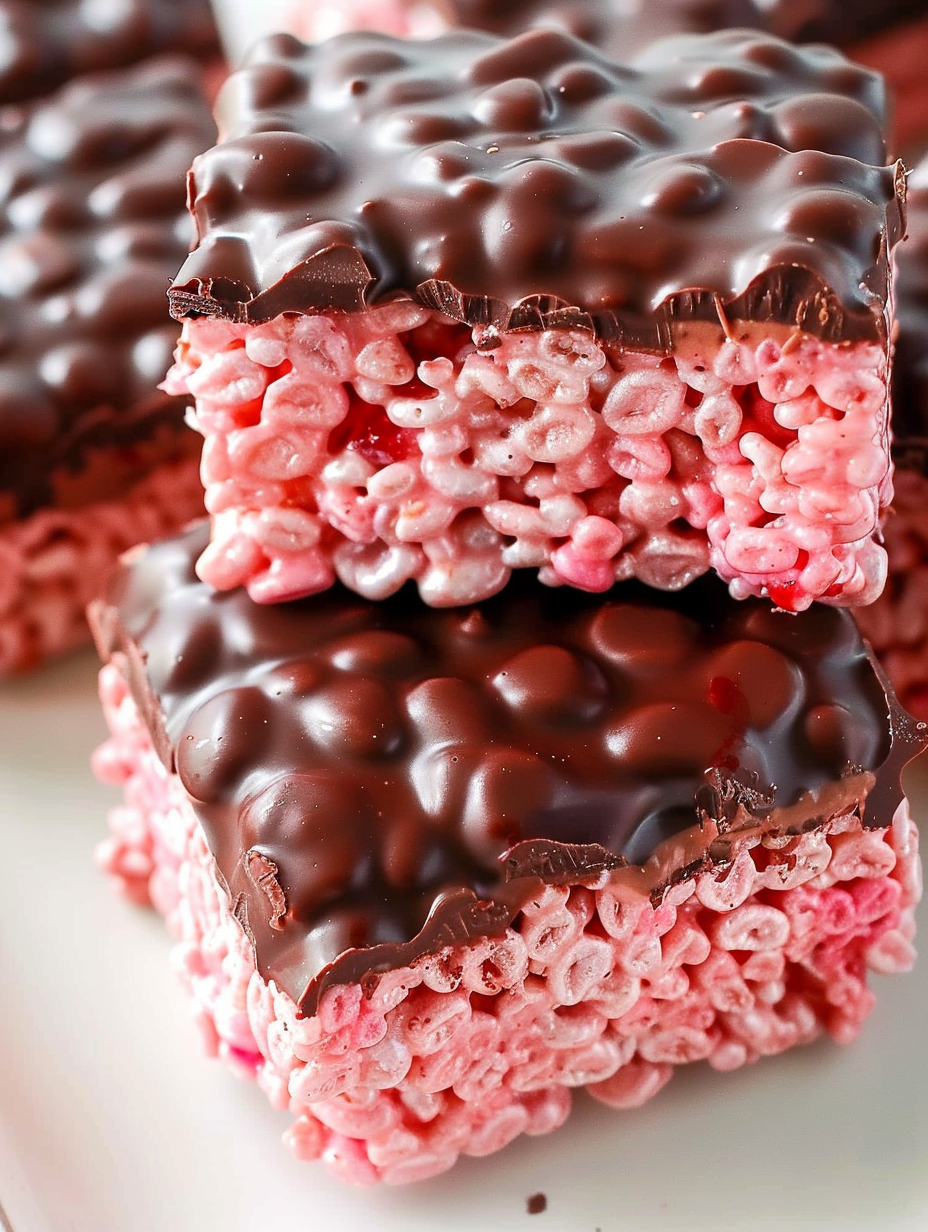 Rice Krispies treats with cherry tint and chocolate drizzle