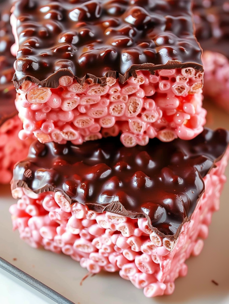 Close-up of chocolate drizzle on cherry Rice Krispies treats