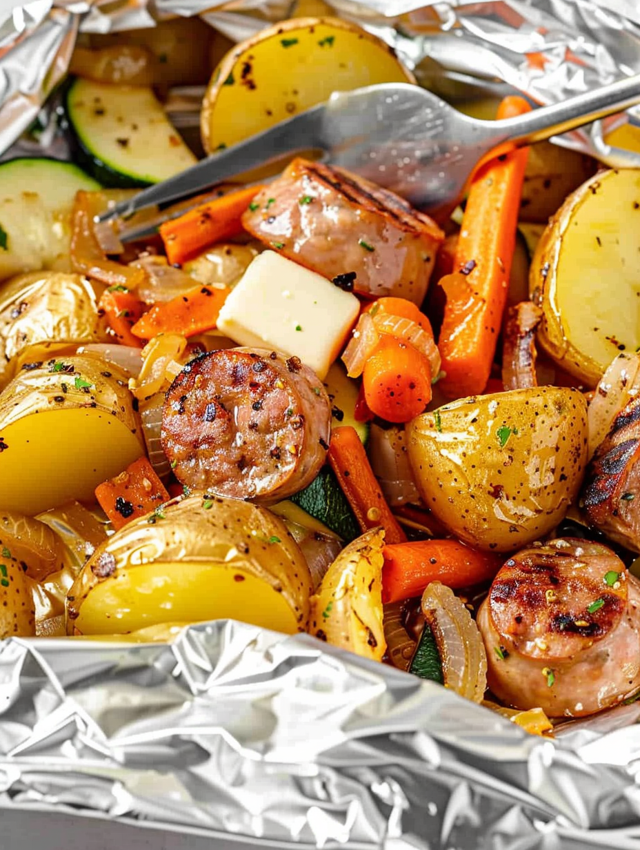 Individual foil packets opened with sausage and vegetables