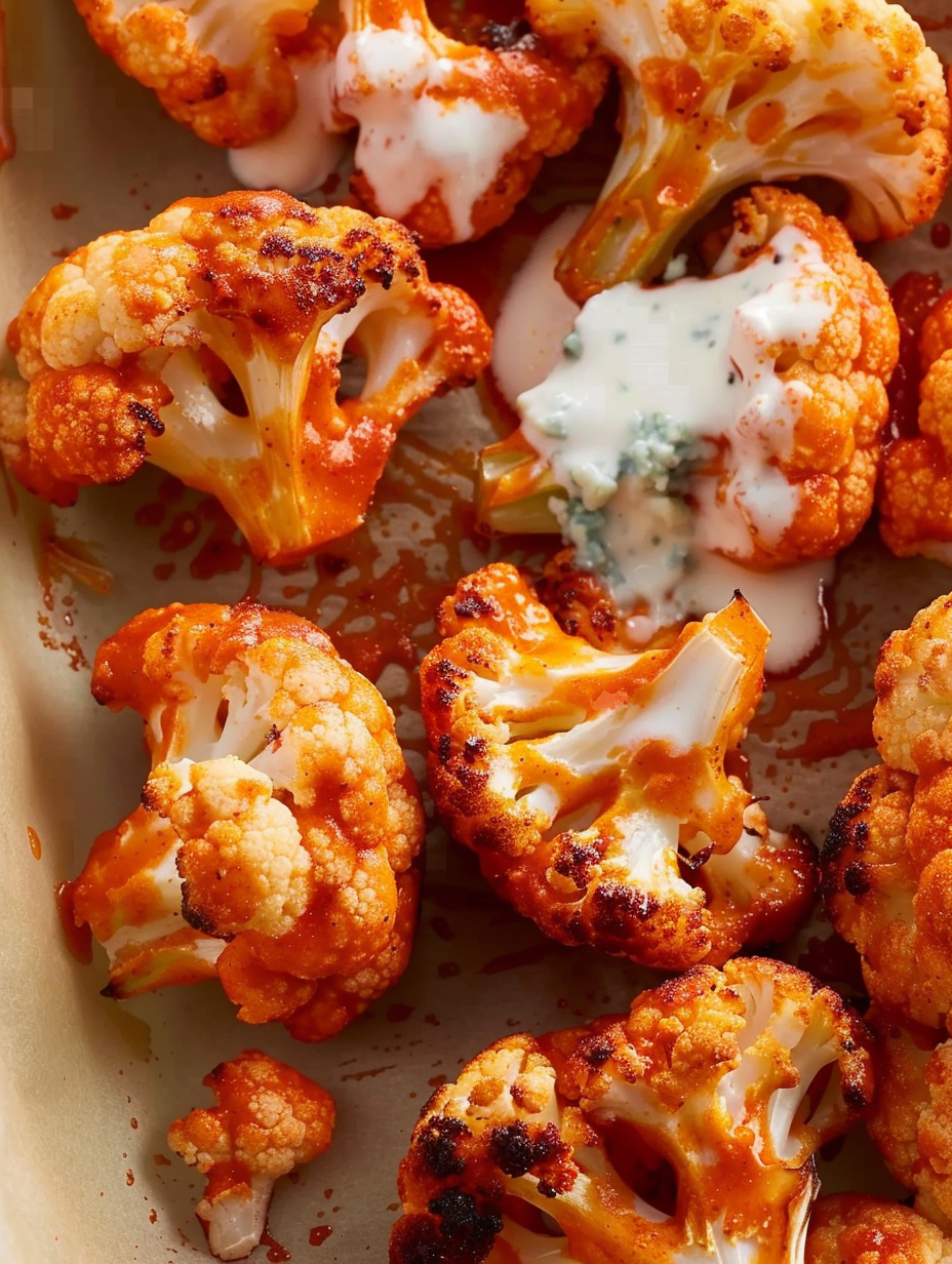 Buffalo cauliflower with blue cheese dip and celery sticks