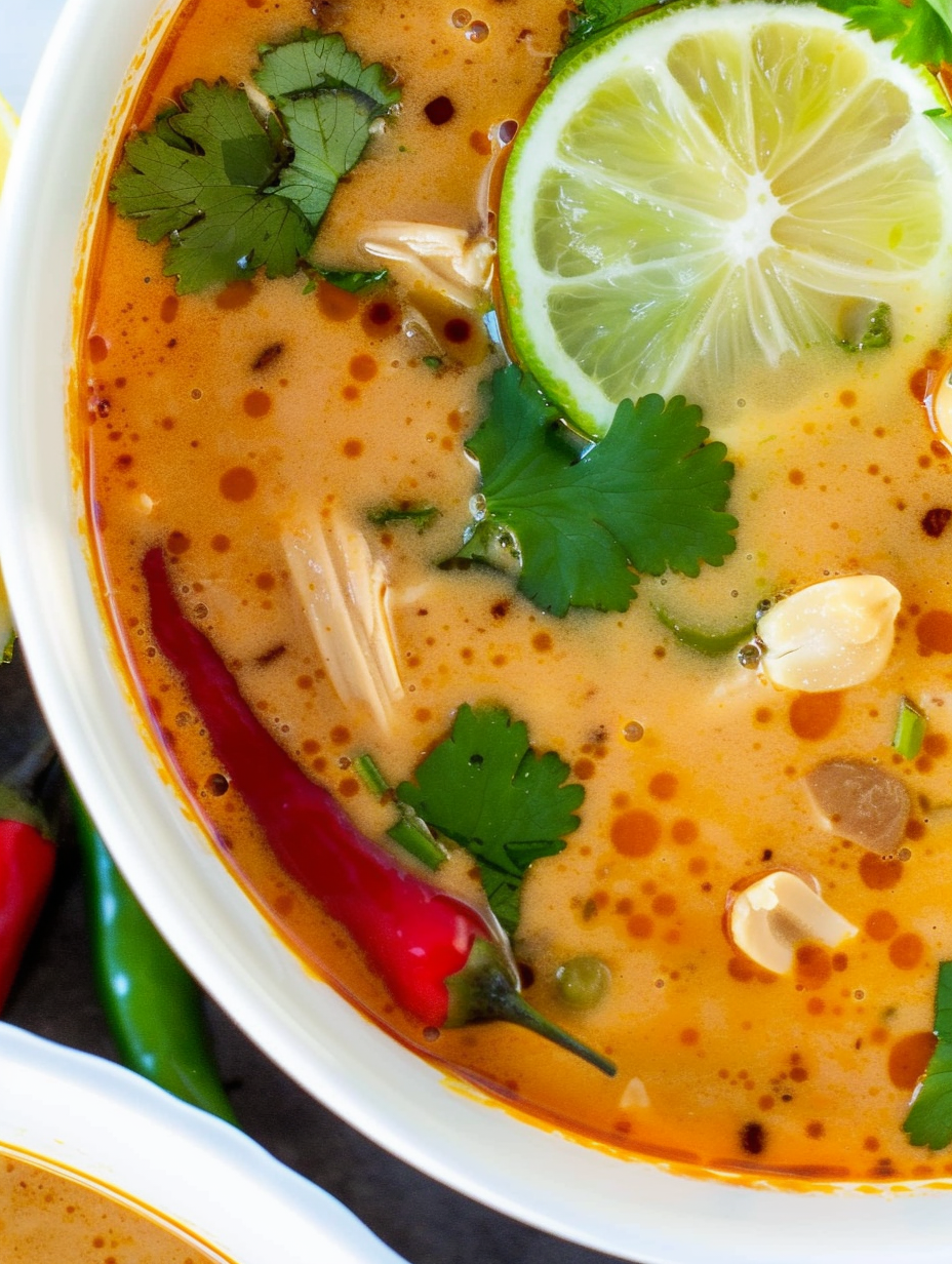 Thai coconut peanut soup in a bowl garnished with cilantro and peanuts