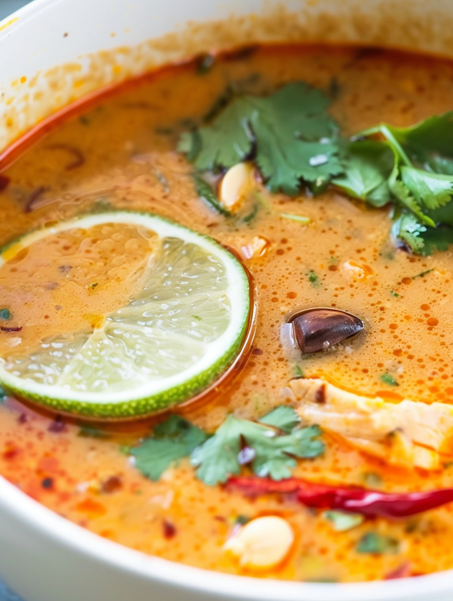 Soup pot with Thai coconut peanut soup being ladled