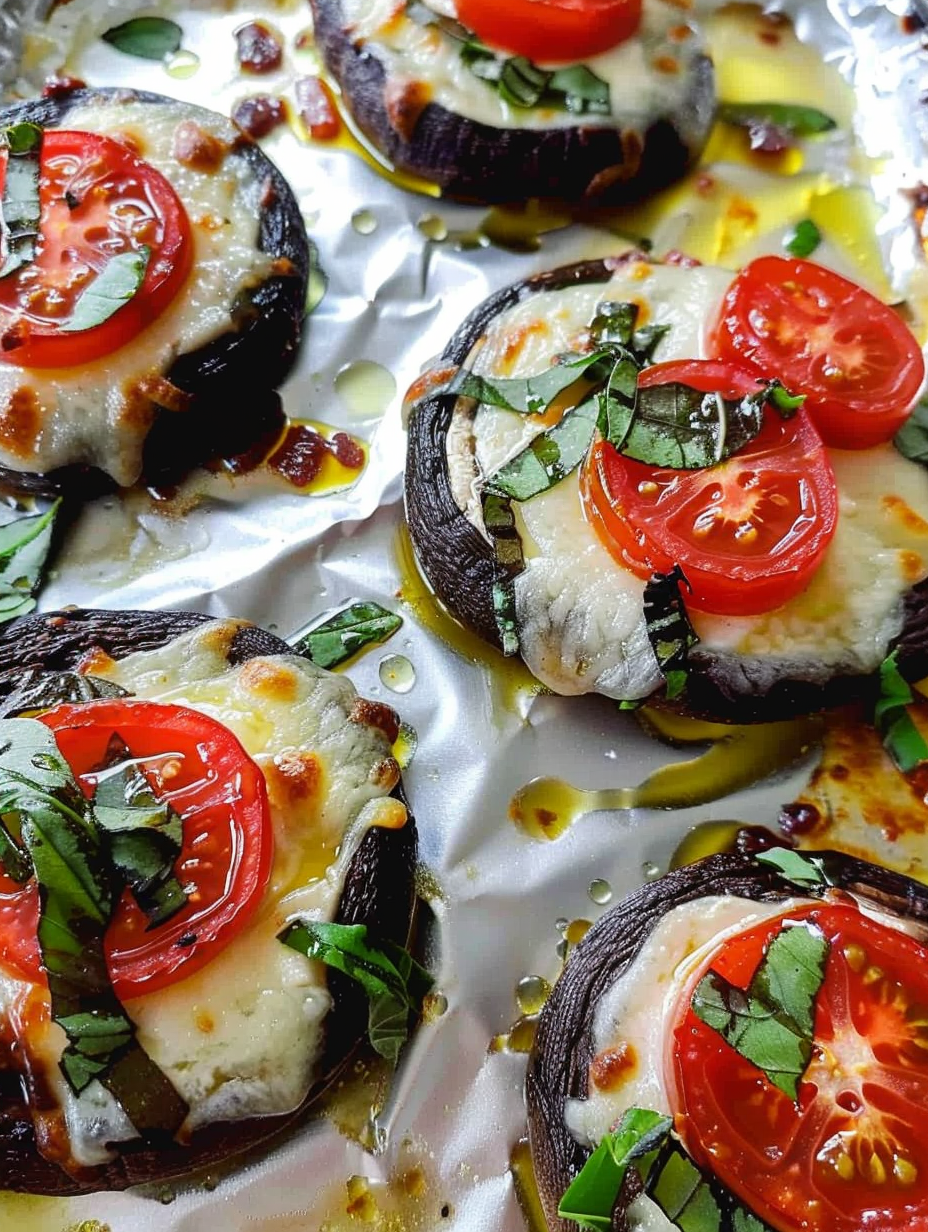 Caprese Portobello close-up with melted cheese and tomato-basil topping