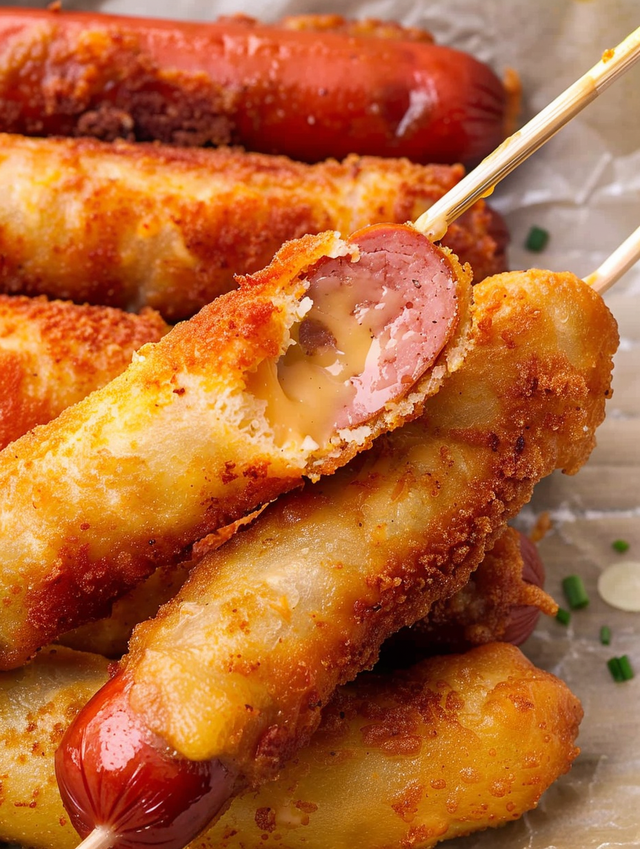 Keto corn dogs frying in an air fryer