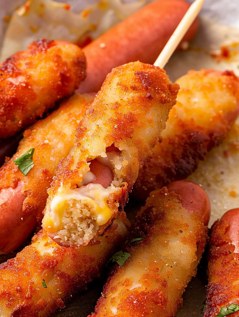 Close up of a sliced keto corn dog showing cheesy interior