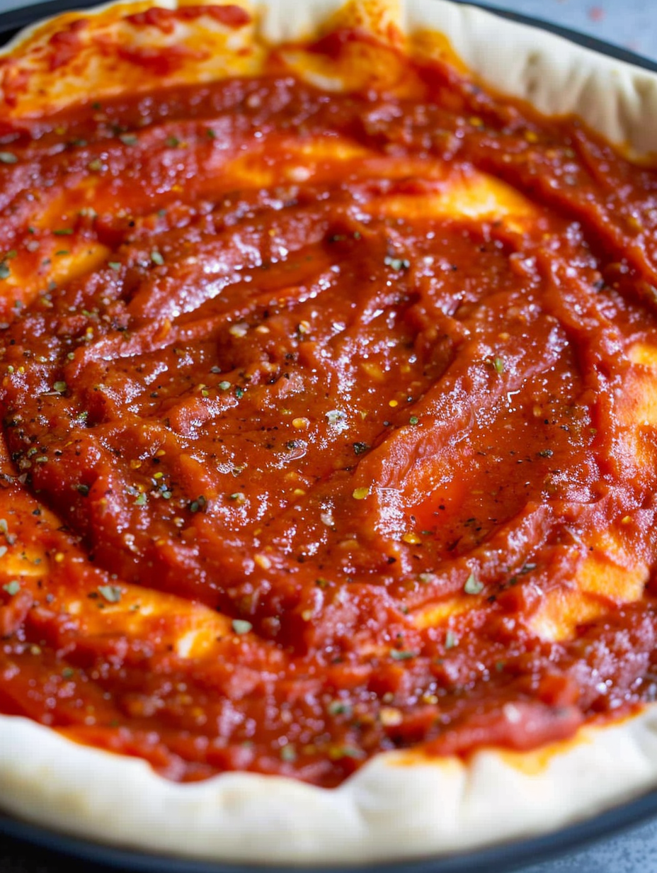 Homemade pizza sauce simmering in saucepan