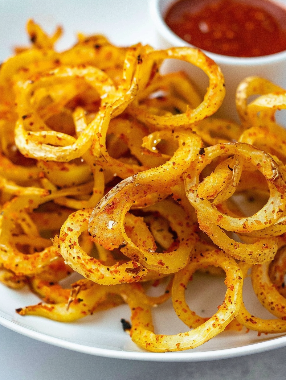Fresh spiralized curly fries in air fryer