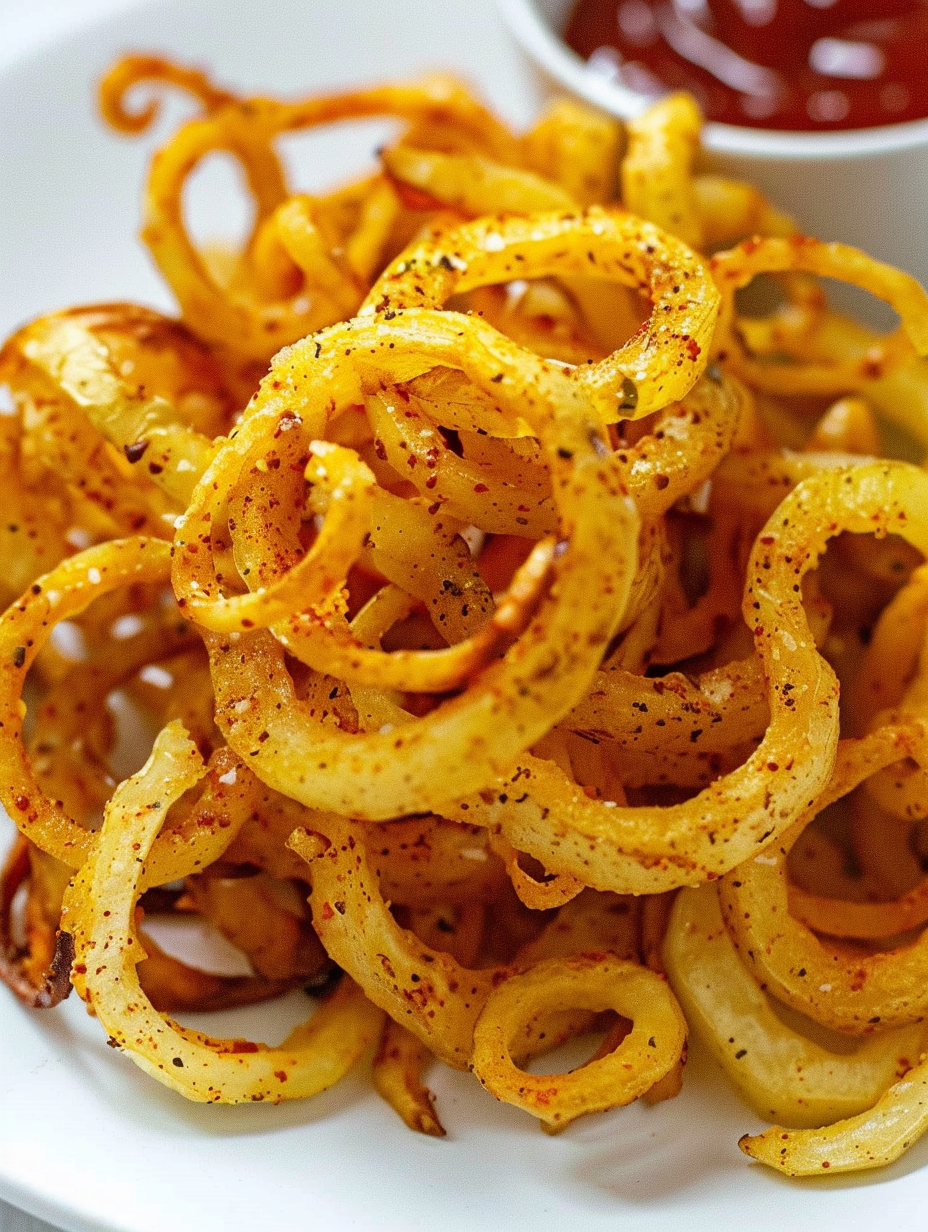Crispy seasoned curly fries on a wooden board
