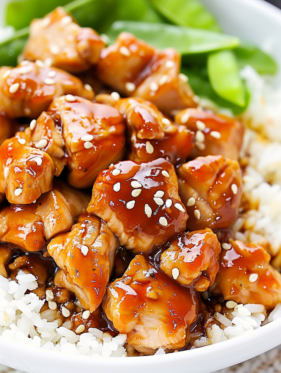 Crispy sesame chicken in skillet with sesame seeds