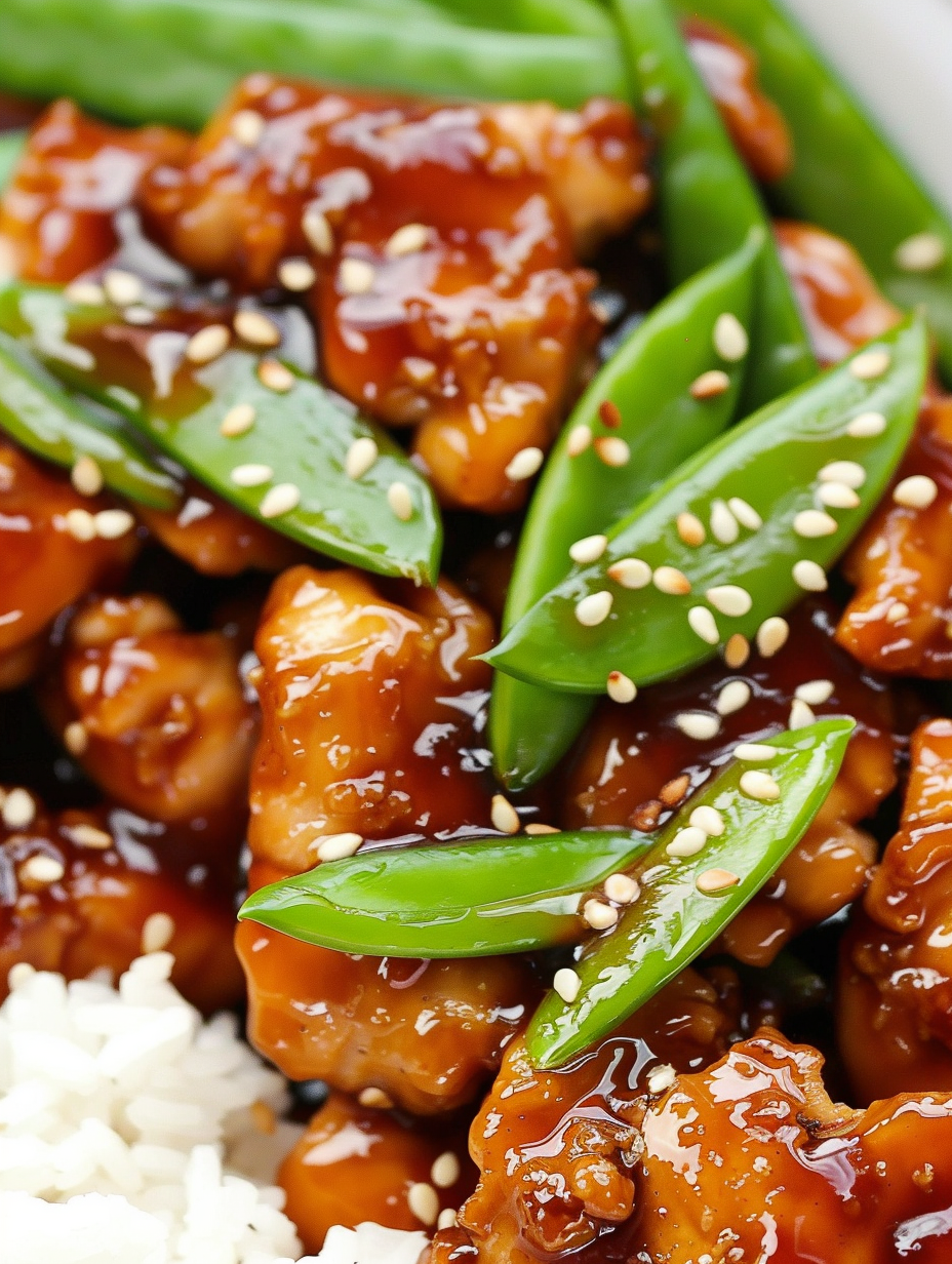Plated sesame chicken with rice and scallions
