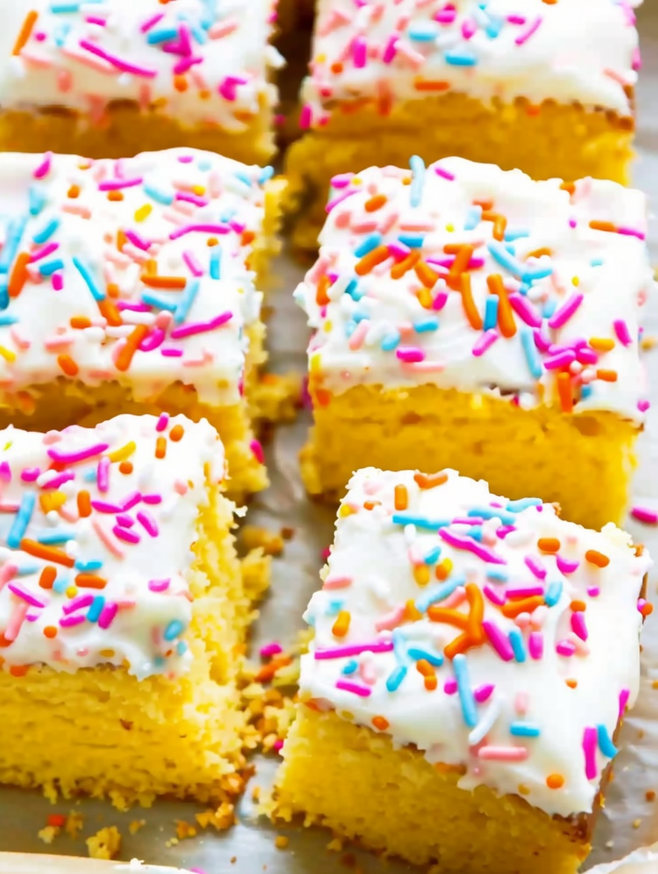Slice of sprinkle sponge traybake on a plate