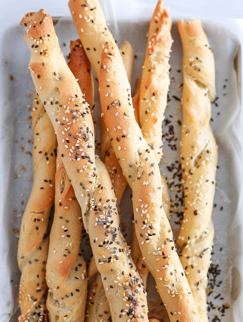 Freshly baked grissini on parchment