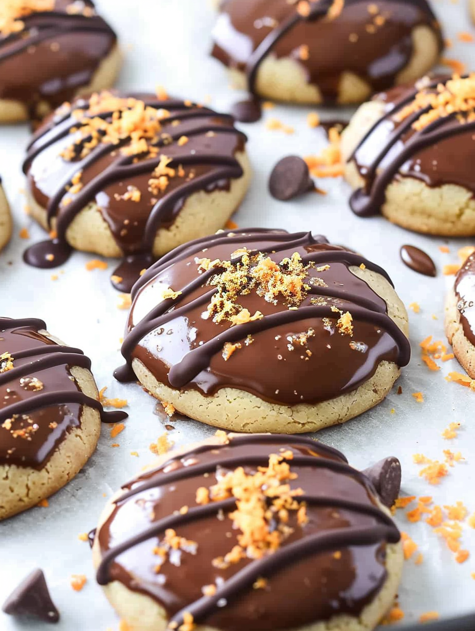 Close up of chocolate dipped orange cookie