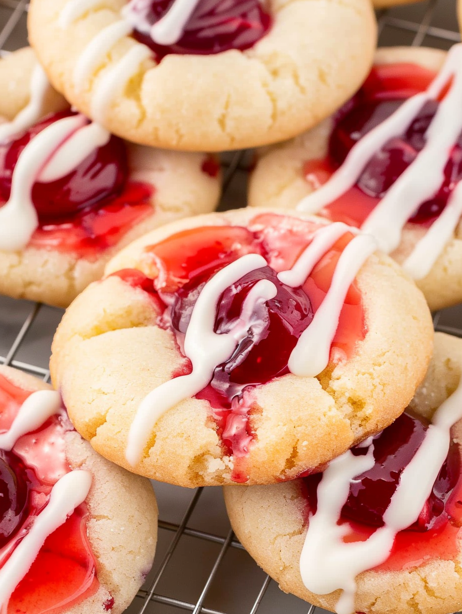 Close up of cherry filled cookie