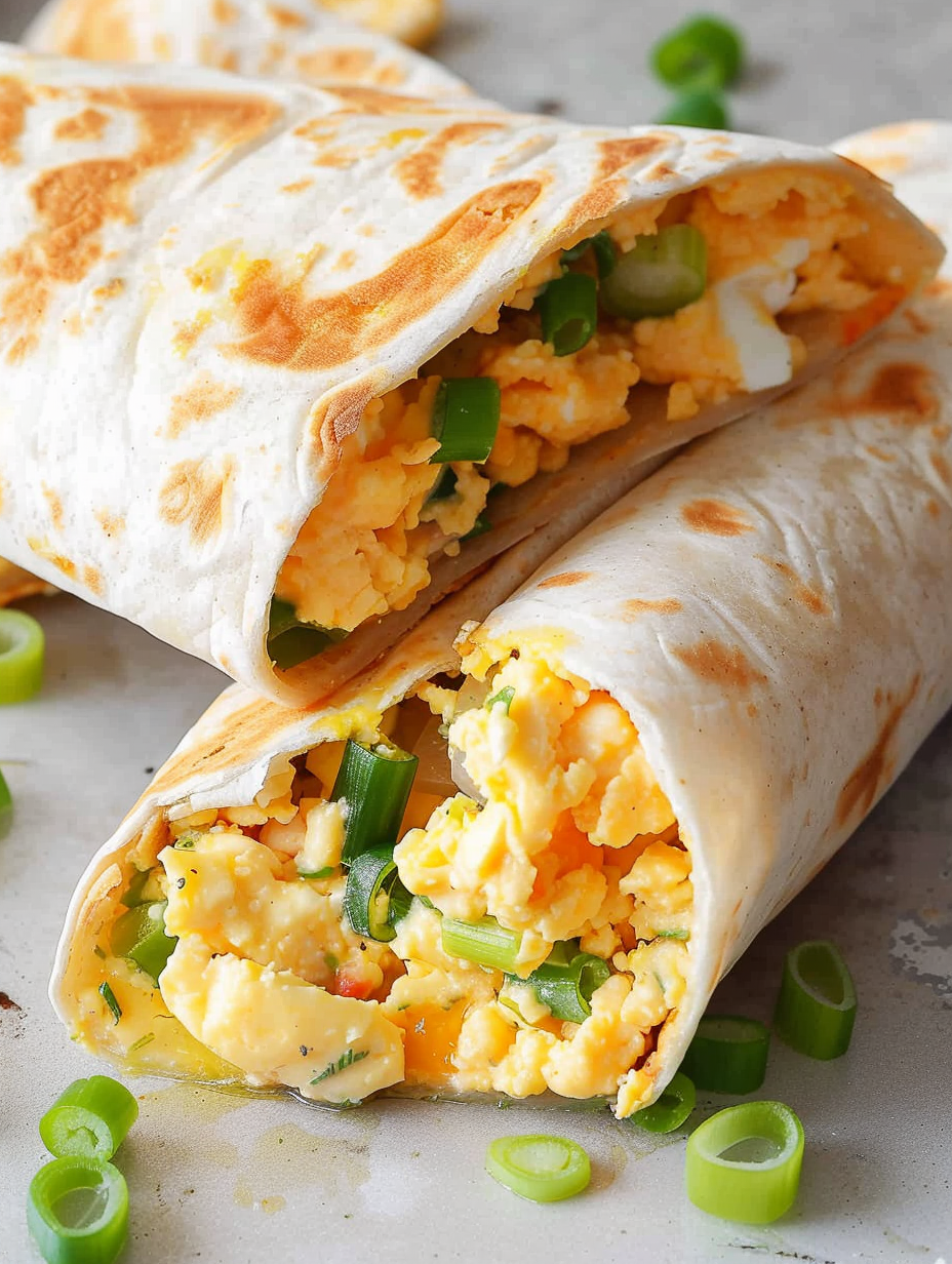 Stack of warm breakfast burritos on a plate