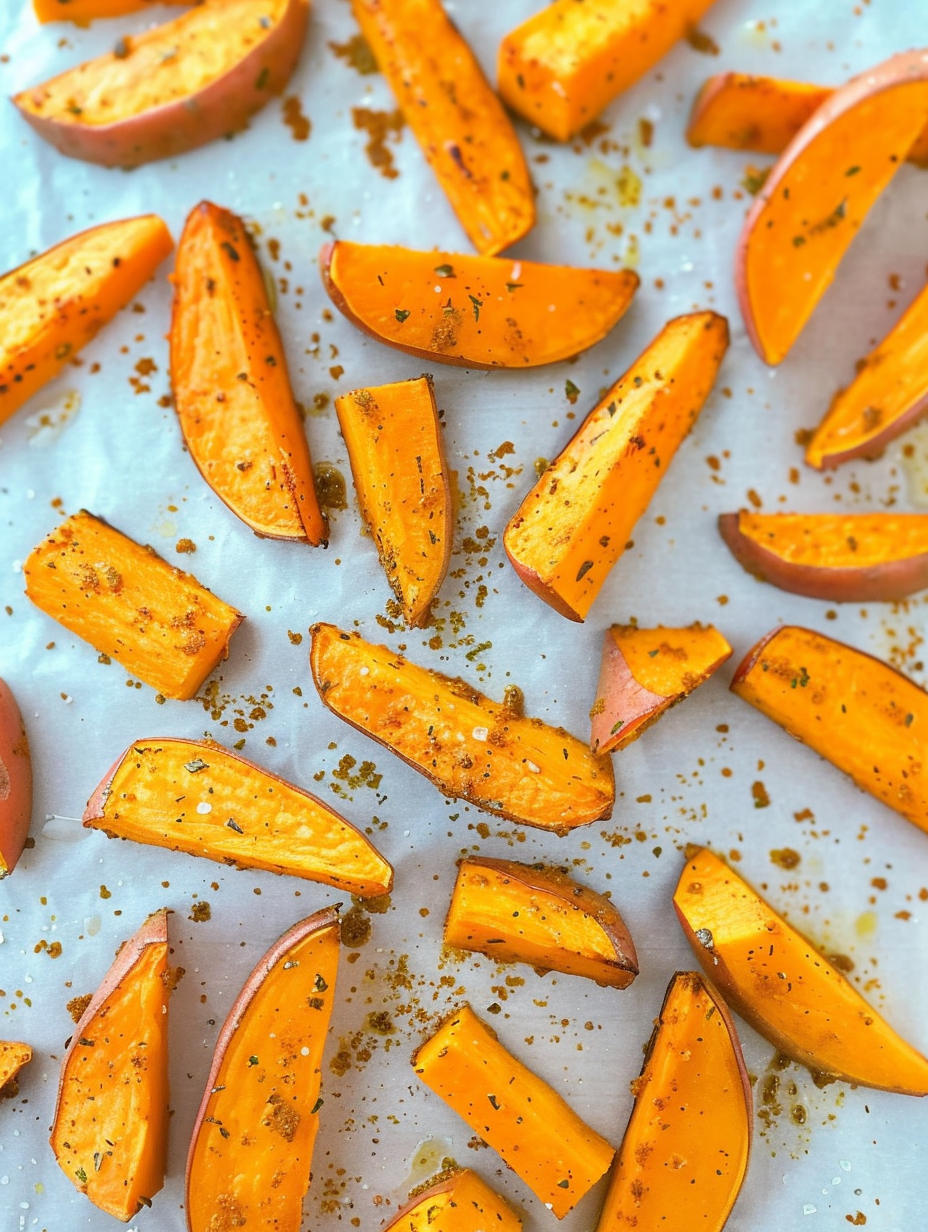 Roasted sweet potato wedges on parchment