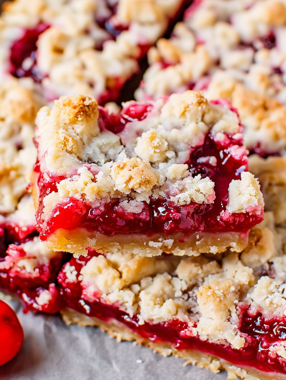 Cherry crumble bars cooling on rack and being drizzled with icing