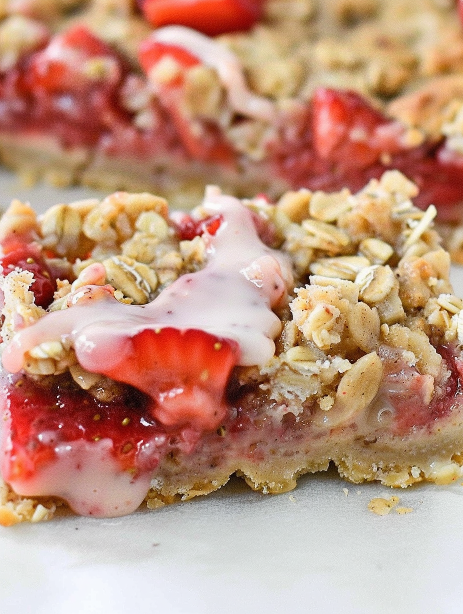 Close-up of a sliced strawberry oatmeal bar
