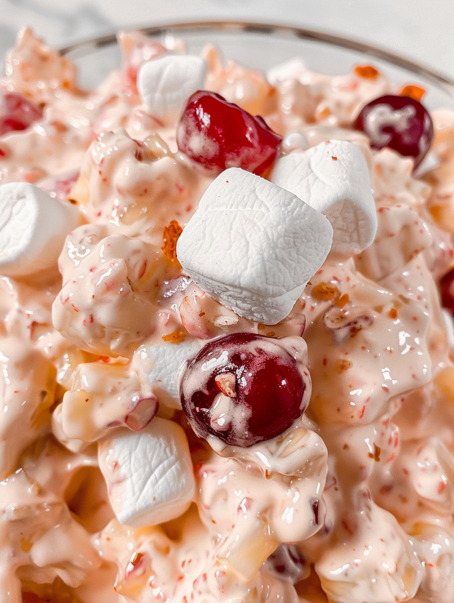 Cherry Fluff in a bowl with cherries