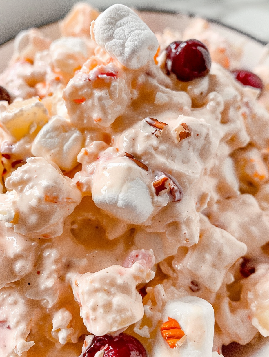 Bowl of Cherry Fluff with marshmallows and nuts