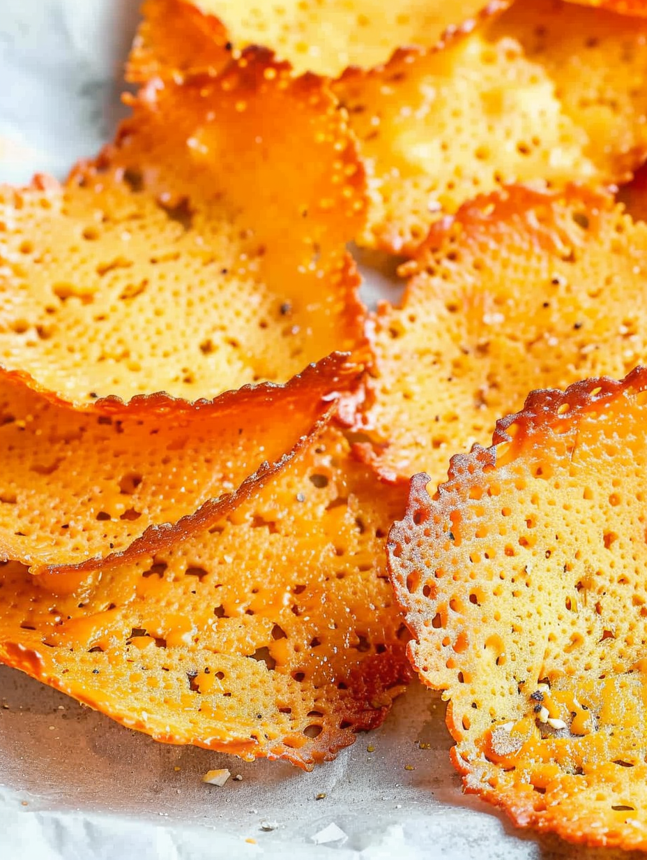 Small piles of shredded cheddar on parchment ready to bake