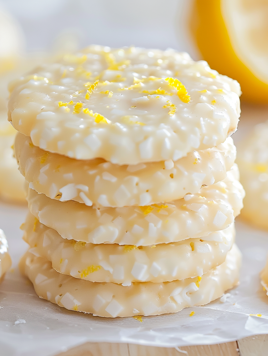 Tray of small lemon coconut cookies set on parchment paper