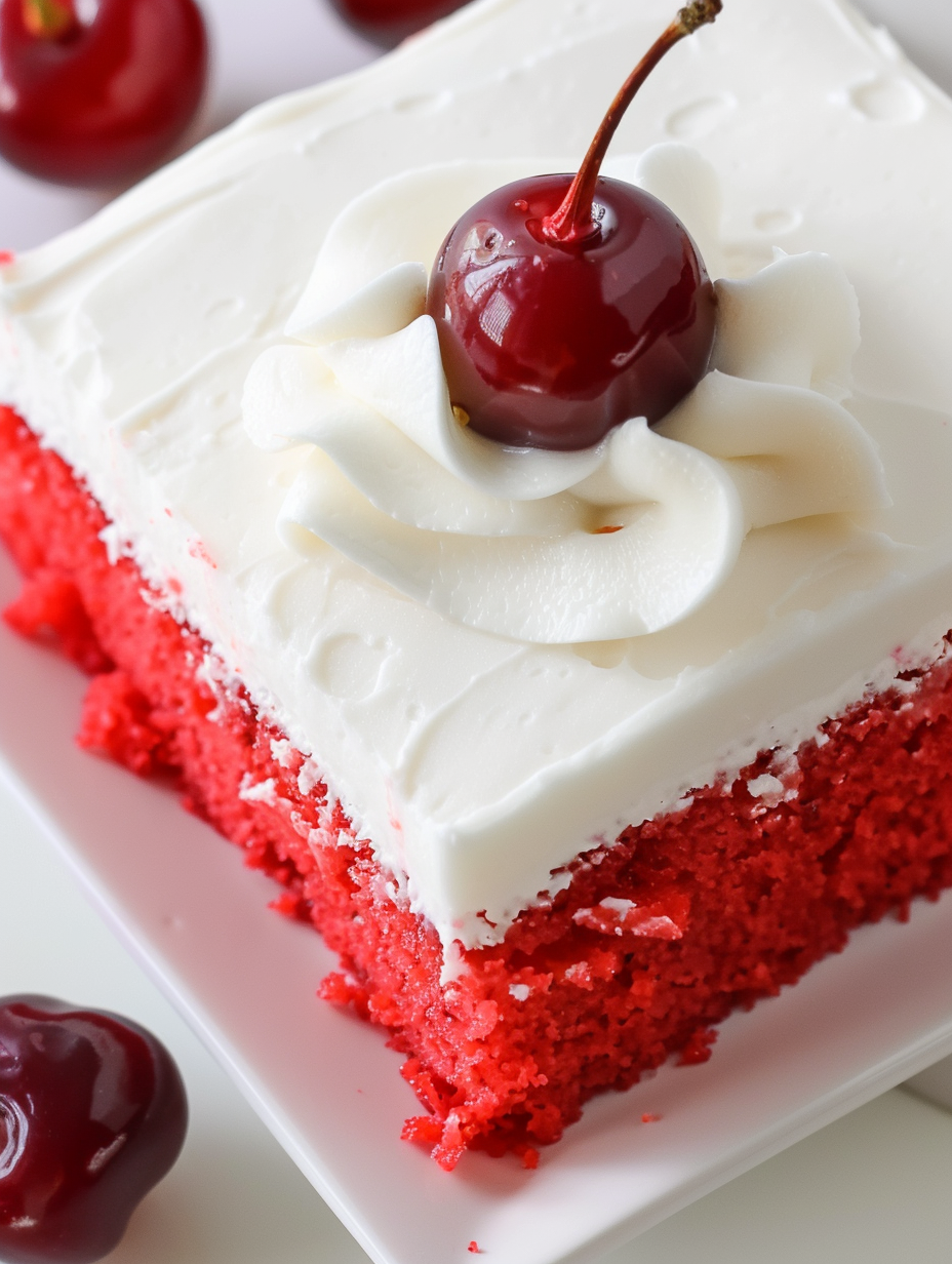Sliced cherry sheet cake served on a plate