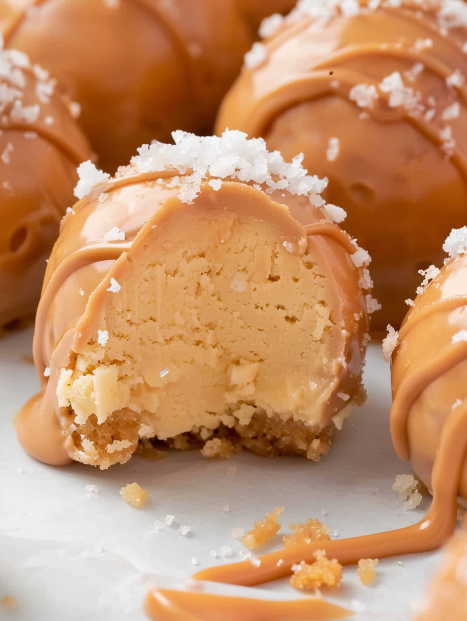 Tray of caramel cheesecake bites cooling on parchment