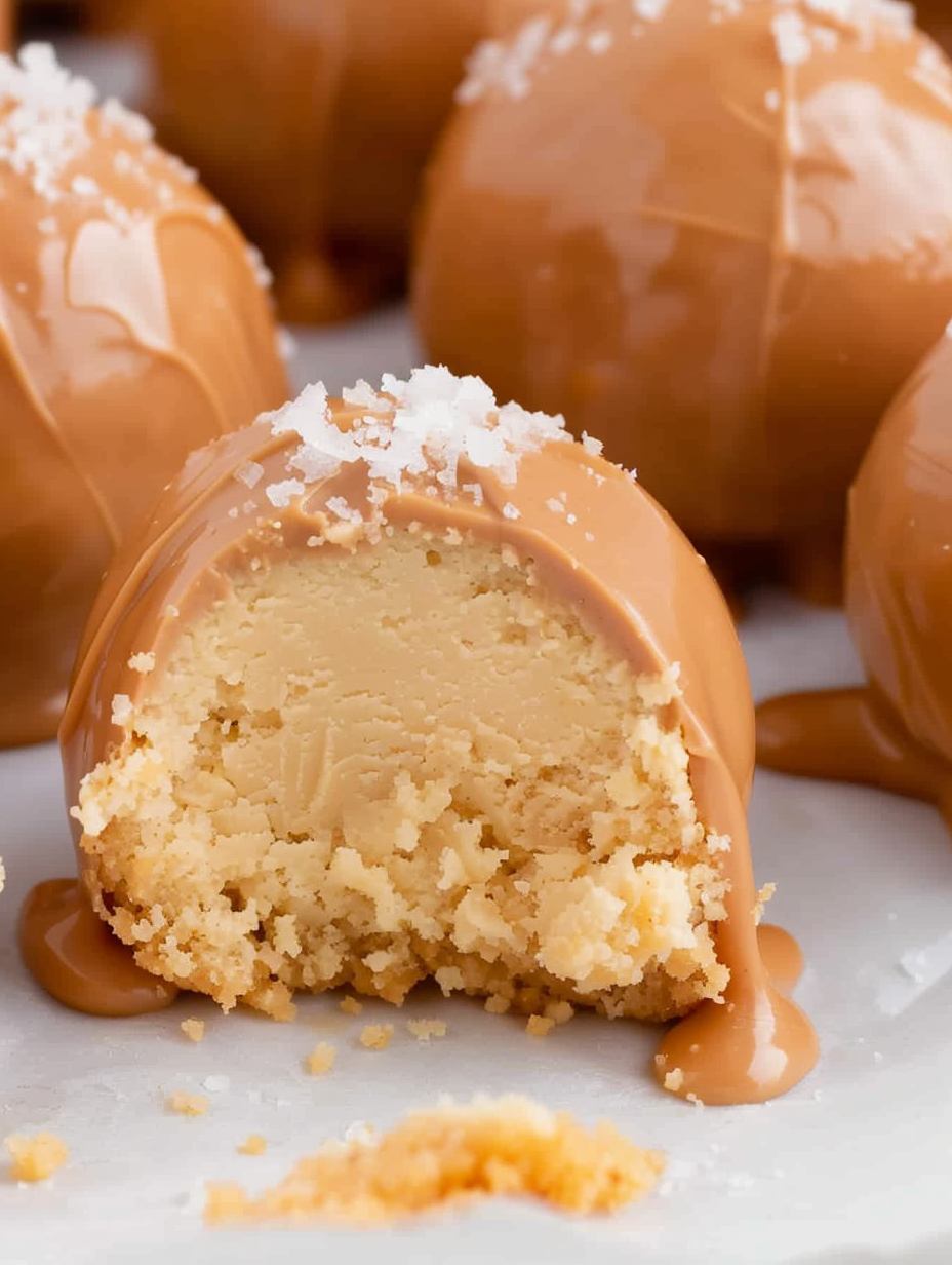 Close-up of a caramel-coated cheesecake bite with salted flakes